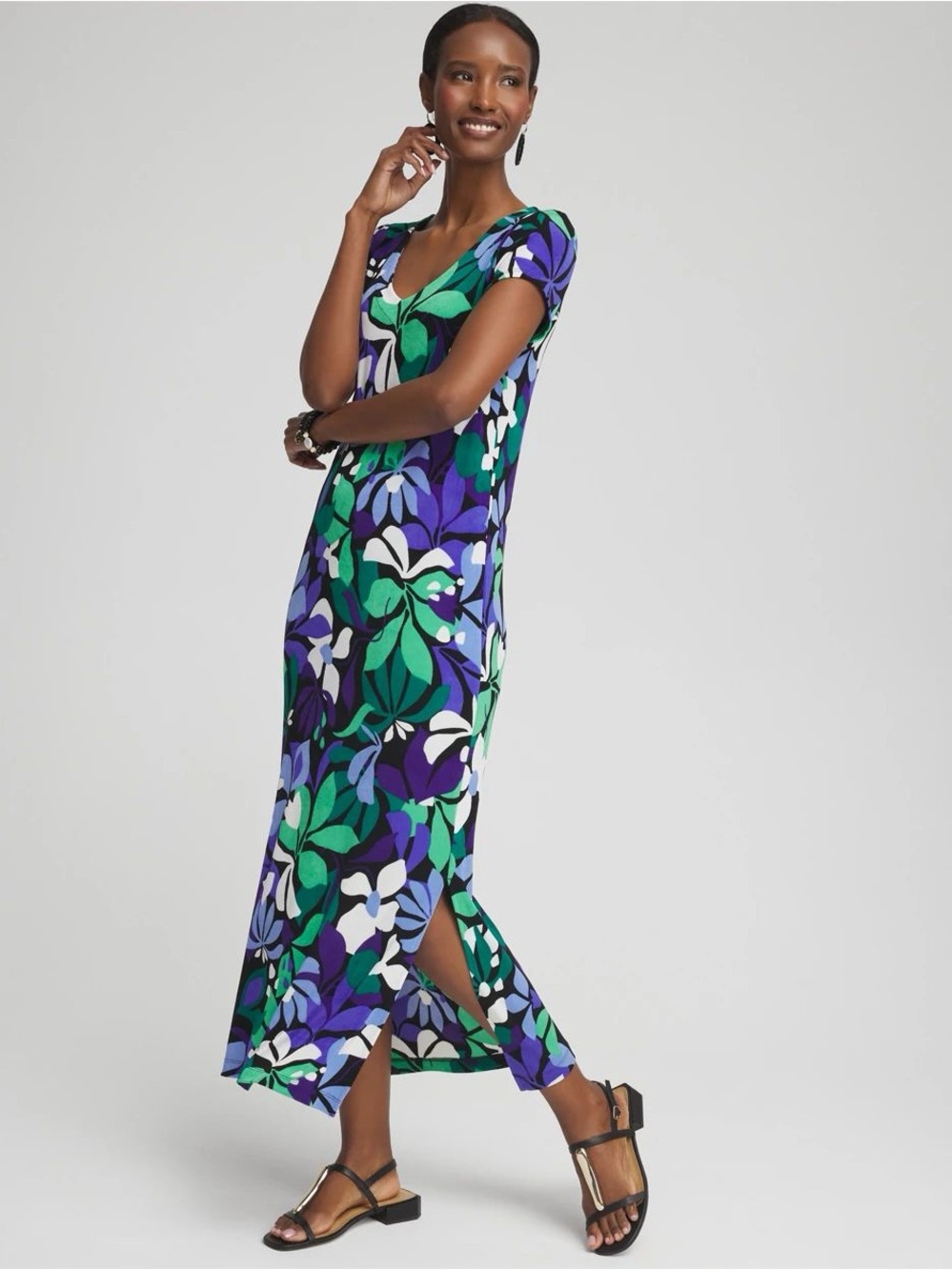 Chicos‎ Travelers New Size Small Floral V Neck Short Sleeve Maxi Dress Slinky